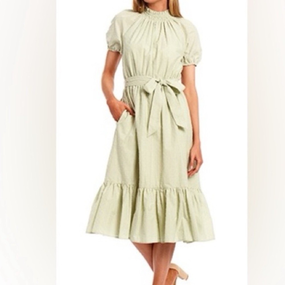 Alex Marie Size 12 Kaia light Sage Green Mock Neck Swiss Dot Midi Dress tie